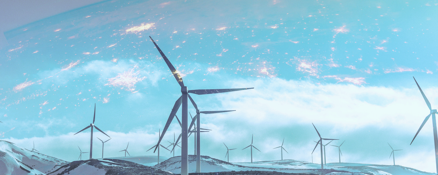 Collage showing windmills and Planet Earth